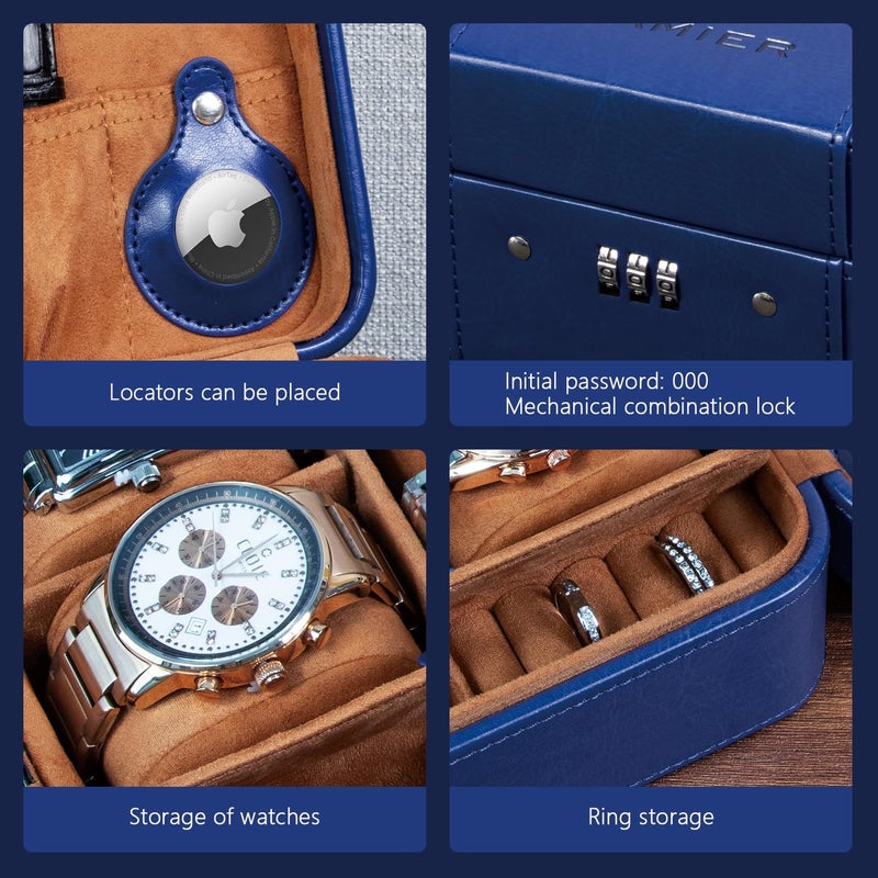 KAMIER Watch Case with Combination Lock - 4 Watch Storage and Jewelry Organizer - Watch Travel Case for Ring and Watch Storage, PU Leather Travel Watch Case, Ideal for Gift (With Gift Box),Blue - Image 2